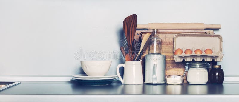 Kitchen Dishes, Table ware, Grocery and Different Stuff on Table-top. copy space