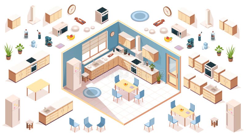 Kitchen elements for room design. Isometric vector illustration