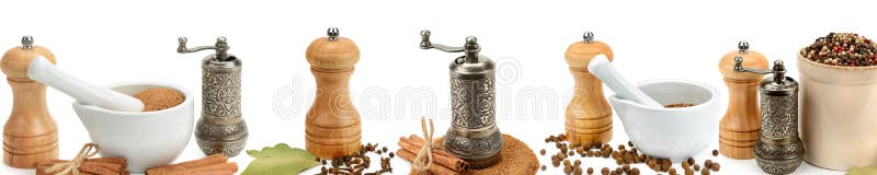 Kitchen equipment for grinding spices isolated on a white background. Panoramic collage. Wide photo.