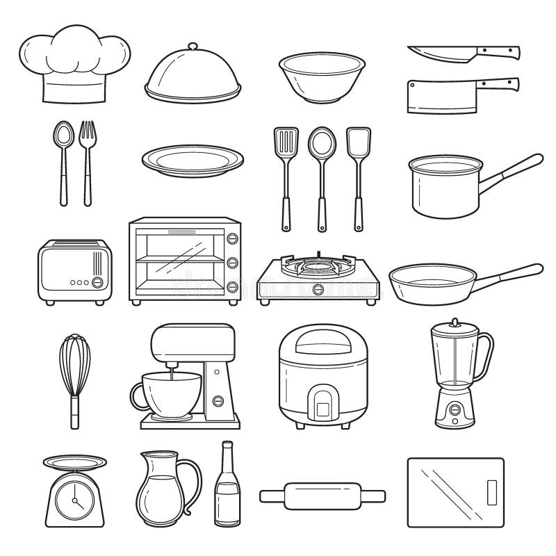 https://thumbs.dreamstime.com/b/kitchen-equipment-outline-icons-set-appliance-crockery-cooking-cuisine-food-bakery-82144929.jpg