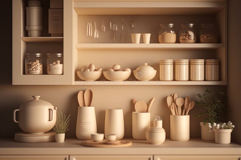 Kitchen is Filled with White Dishes and Utensils. Generative AI Stock