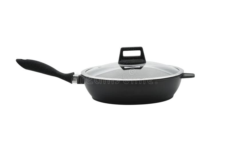 Kitchen Frying Pan with Black Plastic Handle Glass Cover Isolate on