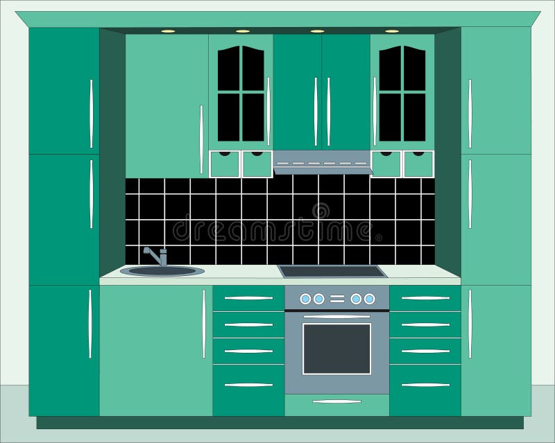Vector Cartoon Set of Kitchen Counter with Appliances. Cupboard
