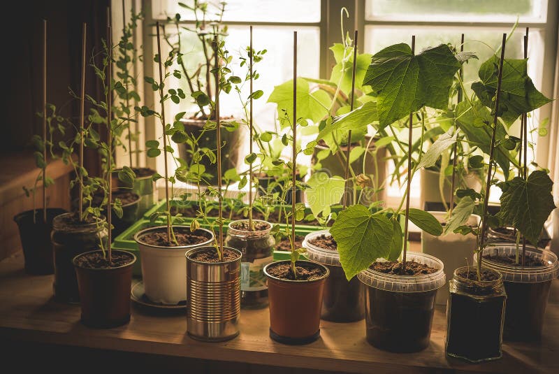 A kitchen-garden with organic, homegrown young vegetables plants of cucumber, snow peas and pepper growing in different potts