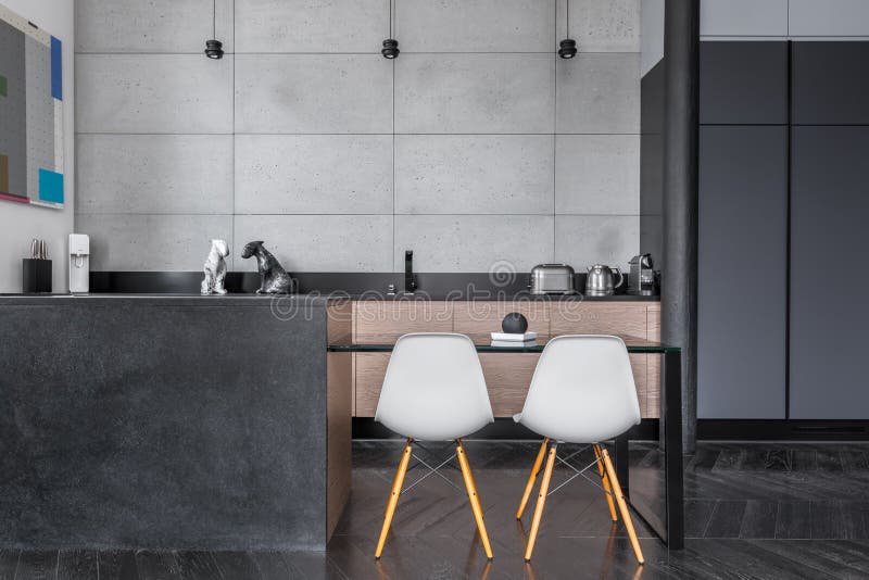 Kitchen with grey wall tiles