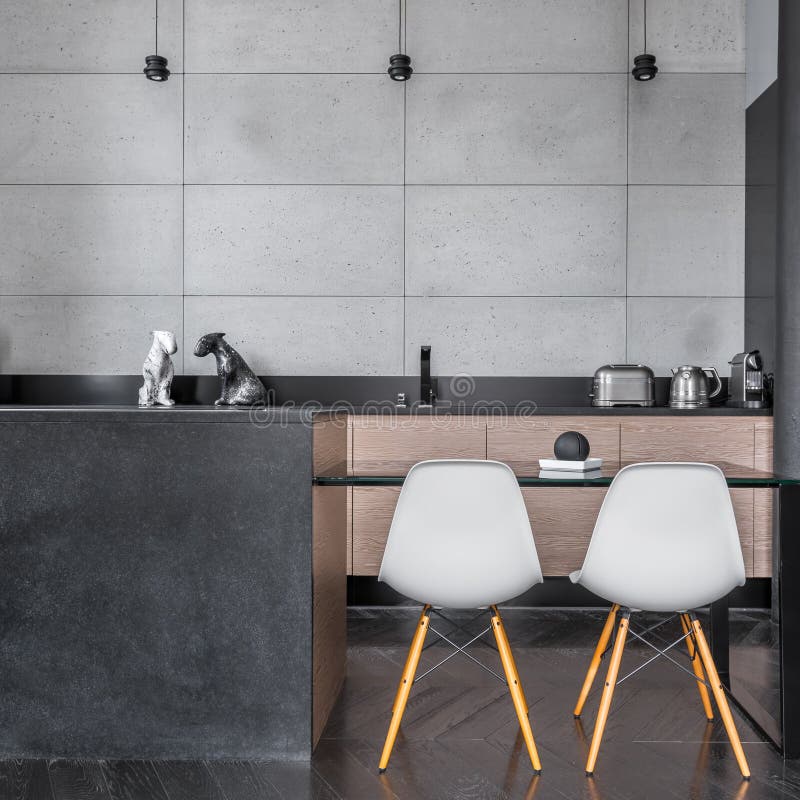 Kitchen with Grey Wall Tiles Stock Photo Image of island, modern