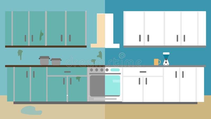 Kitchen Improvement Before and After Repair. Home Interior Renovation. Flat style illustration. stock illustration Kitchen Improvement Before and After Repair. Home Interior Renovation. Flat style illustration. stock illustration