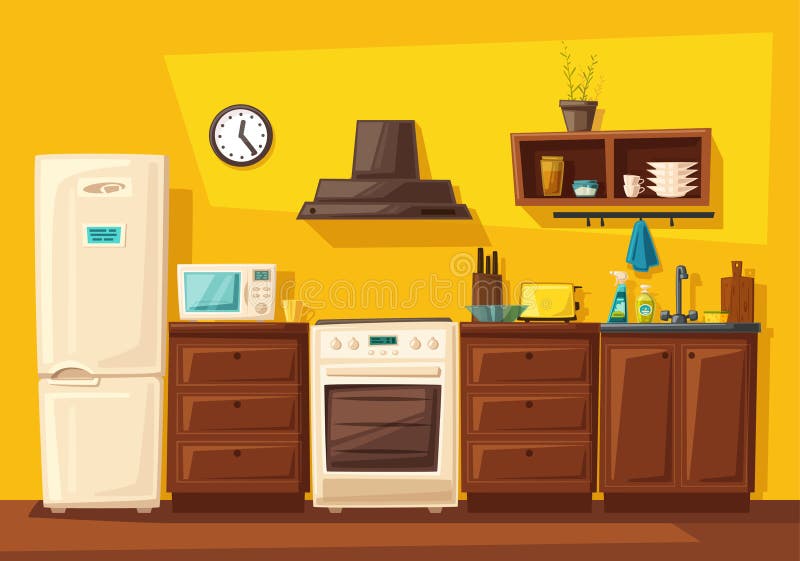 Kitchen Interior with Furniture. Cartoon Vector Illustration Stock Vector -  Illustration of chef, interior: 103324422