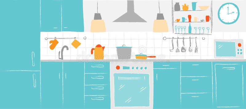 Kitchen interior color sketches hand drawing front view. Contour vector illustration kitchen furniture and equipment. royalty free illustration Kitchen interior color sketches hand drawing front view. Contour vector illustration kitchen furniture and equipment. royalty free illustration