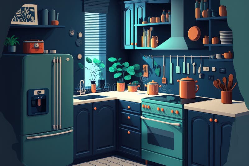 Kitchen Interior Design in a Contemporary Style with a Dark Blue Wall