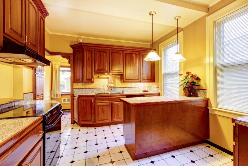 Kitchen Interior Design with Island, Granite Countertop and Tile Stock
