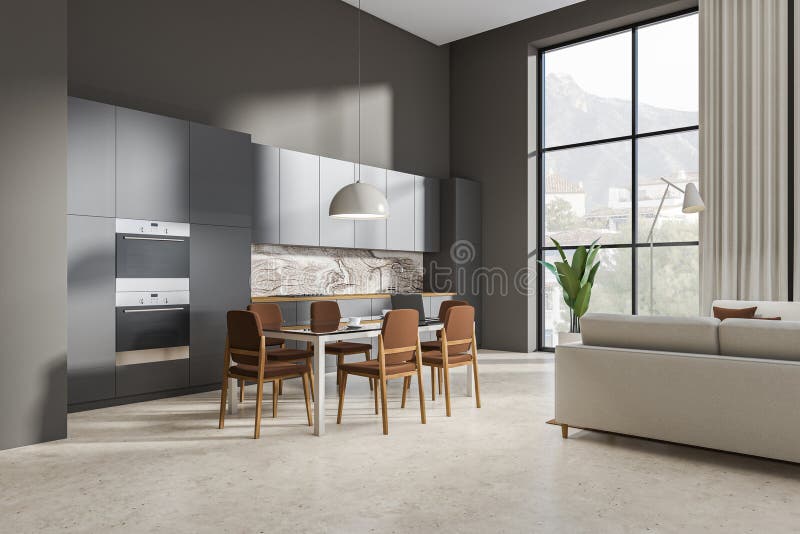 Kitchen Interior with Eating Table, Couch in Lounge Zone and Panoramic Window Stock Illustration