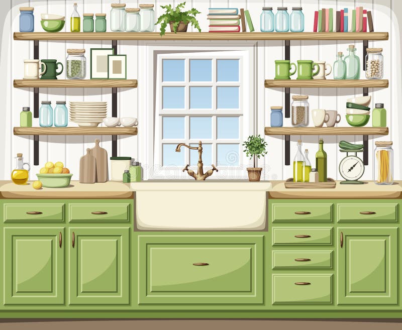 Kitchen Interior with Green a Sink, Open Shelves, a Window
