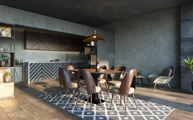 Kitchen Interior in Loft, Industrial Style Stock Illustration