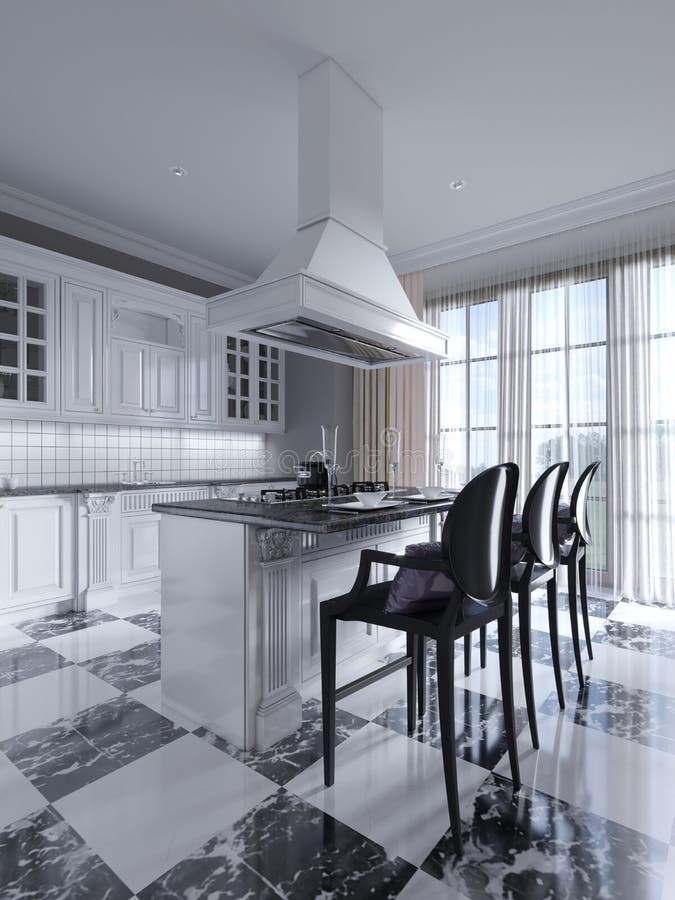 Kitchen Island in Black and White Art Deco Kitchen with Chess Floor