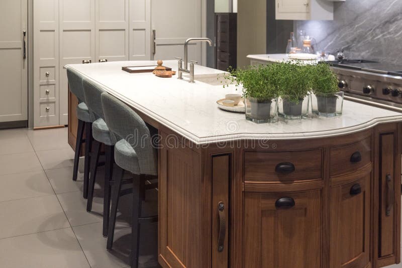 Kitchen with Island Counter Design in a New House Stock Photo Image