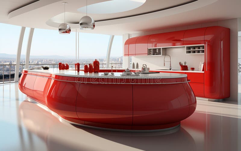 Kitchen Island in Red on a White Backdrop Generative Ai Stock Image