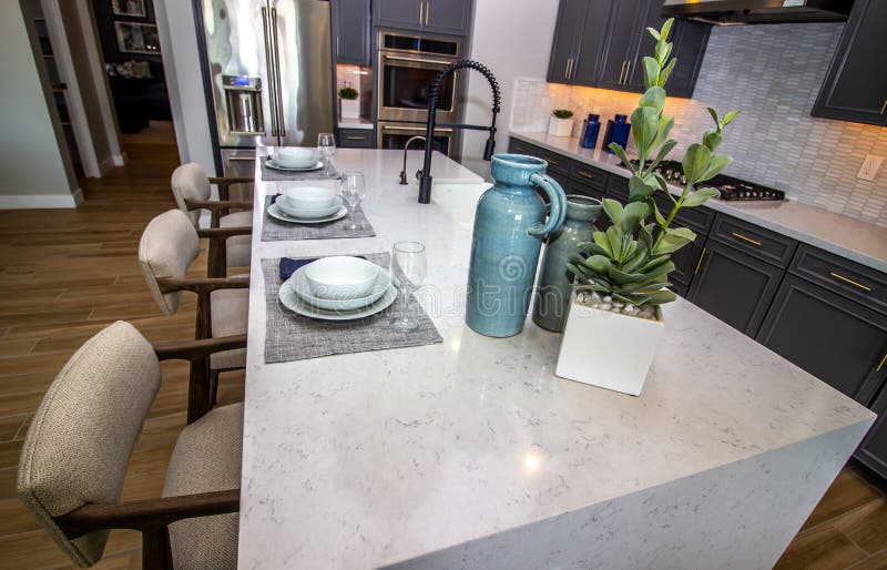 Kitchen Island with Three Place Settings Stock Photo Image of interior, plates 244204854