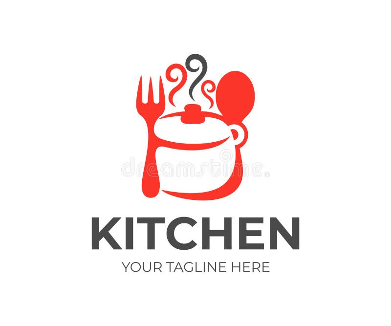 Kitchen, kitchenware, saucepan, fork and spoon logo design. Cooking eat, food and restaurant, vector design