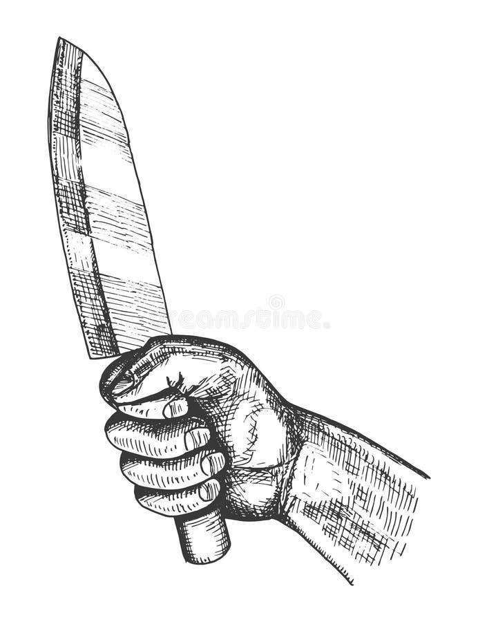 Kitchen Knife In Hand Sketch Drawing Isolated Stock Vector