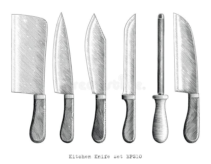 Kitchen Knife illustration hand draw vintage engraving style black and white clip art isolated on white background