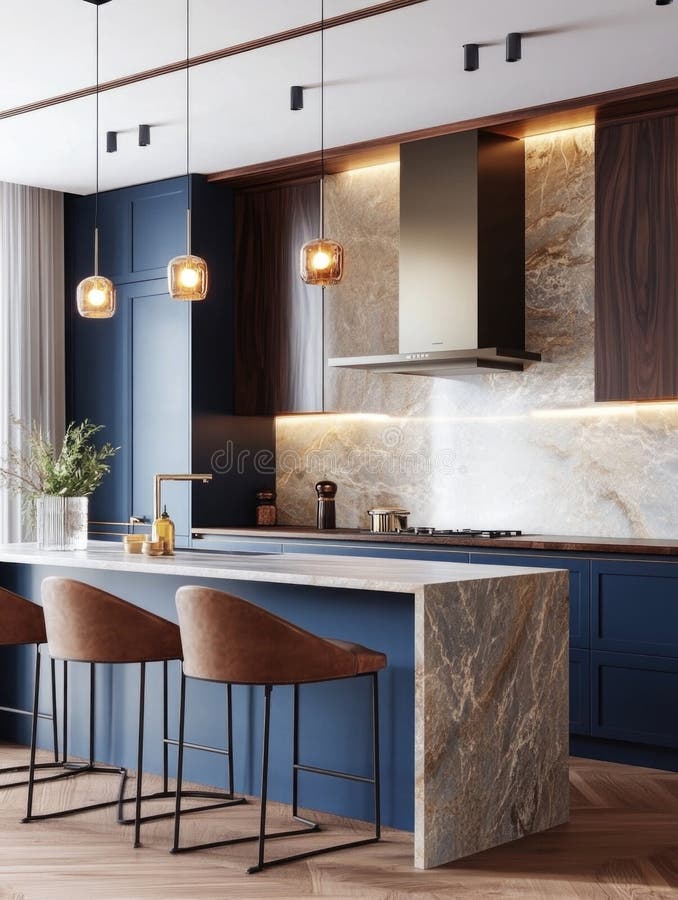 Kitchen with Marble Countertop and Bar Stools stock image