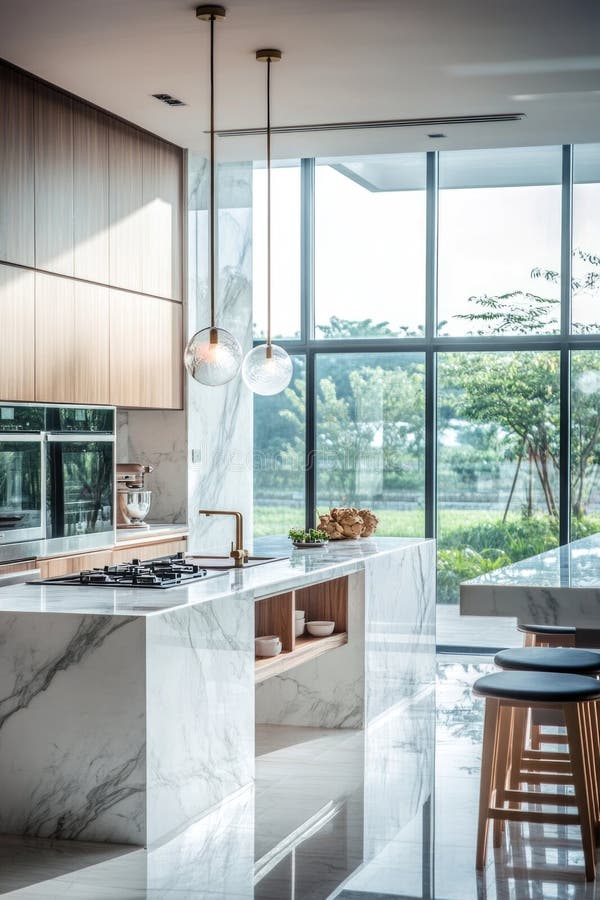 Kitchen with Marble Countertops and Wooden Cabinets royalty free stock photo