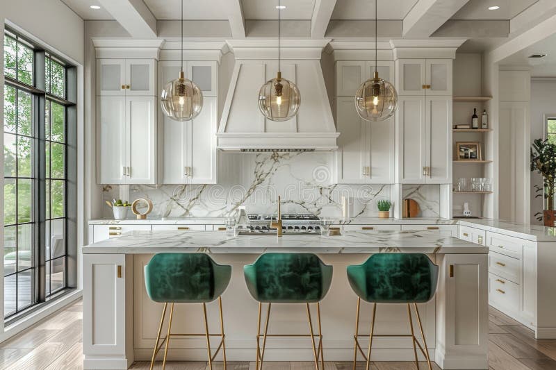 Kitchen with Marble Floor and Green Chairs Stock Image - Image of spacious, marble: 320379529