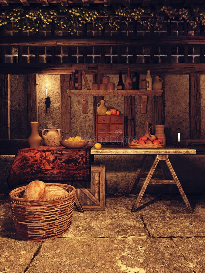 prompthunt: interior of a giant Medieval kitchen, Middle Ages, hermitage,  bread, fresh herbs, cobblestone, farm table, hearth for cooking, Ireland,  dried flowers hanging, baskets in corner, natural light, old medieval decor,  hyper