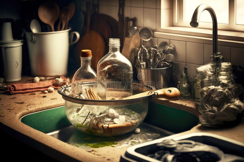 Kitchen mess from clogged sink with large clear bottle and kitchen utensils around vector illustration