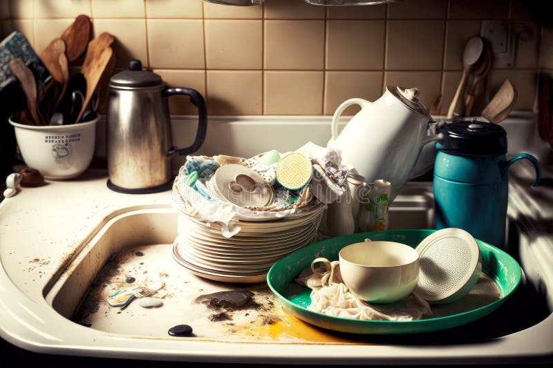 Kitchen mess from dirty plates and jug of dirty wet towels on kitchen sink royalty free illustration