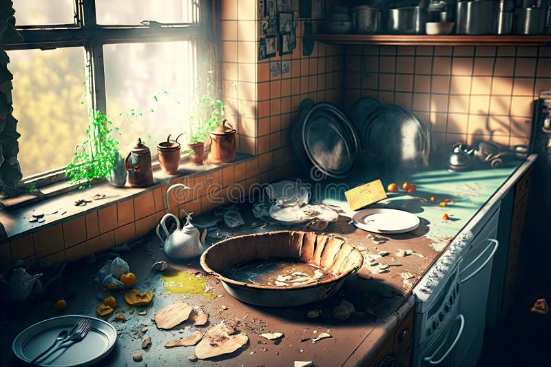 Pile of unwashed, dirty dishes in the sink. Mess in the kitchen. Dirty  kitchenware, plates and mugs. Chaos at home. Laziness. Cluttered apartment.  Messy cutlery and dishware. 15183924 Stock Photo at Vecteezy