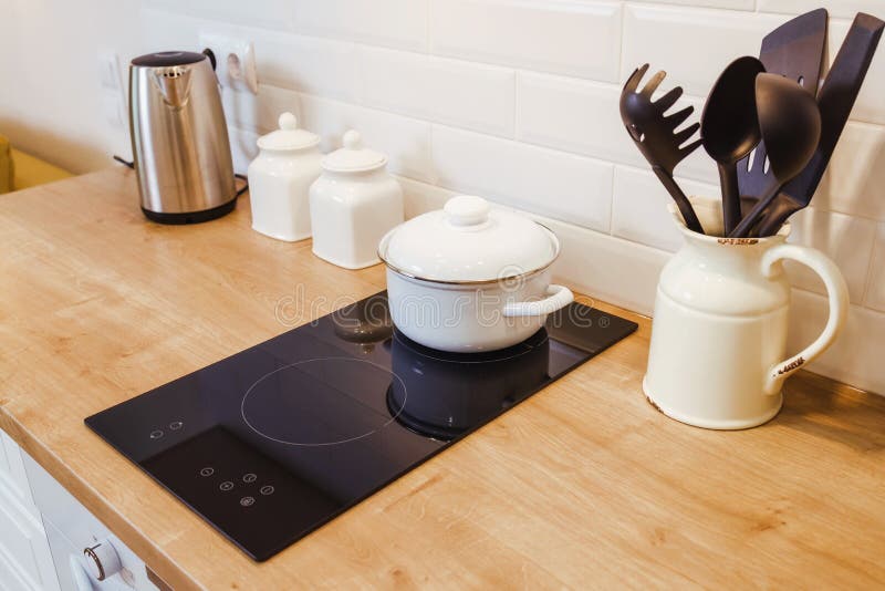 Kitchen Mockup with Induction Hob and Wooden Surface, Copy Paste Stock ...