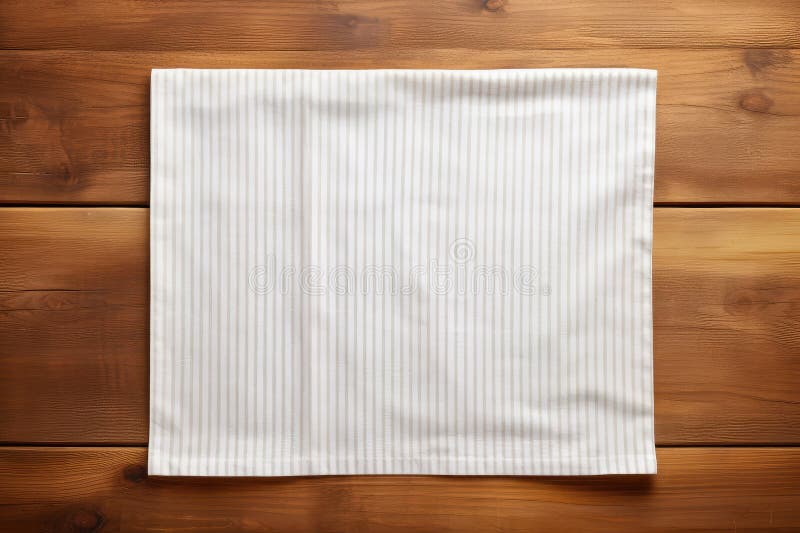 Kitchen Napkin Mockup, Striped Towel on Wooden Table with Copy Space for Text, Tablecloth Banner