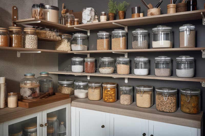 A kitchen with an organized and stylish pantry, featuring glass jars and metal containers
