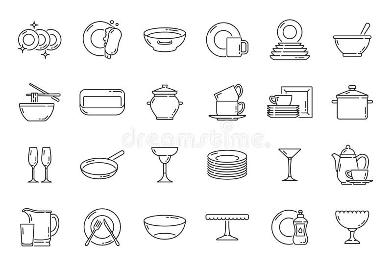 Kitchen Plates, Dishes and Utensil Outline Icons Stock Vector