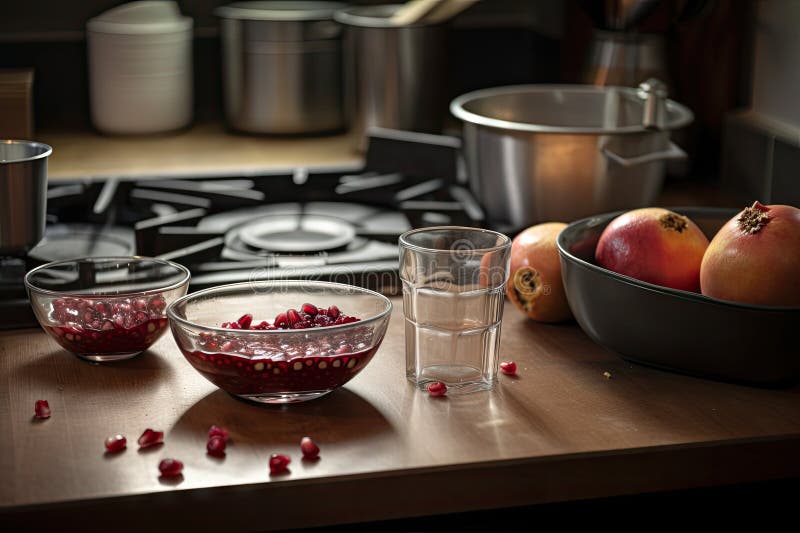 Kitchen, with Pomegranate Seeds and Juice Being Used for Cooking Stock