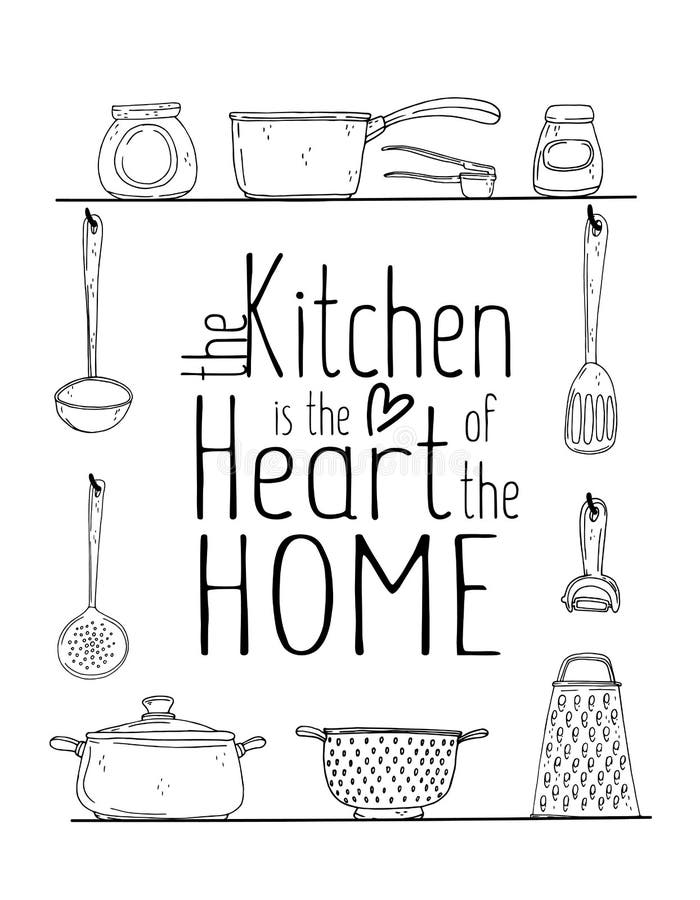 Kitchen Poster with Hand Drawn Kitchenware, Spice and Lettering on a