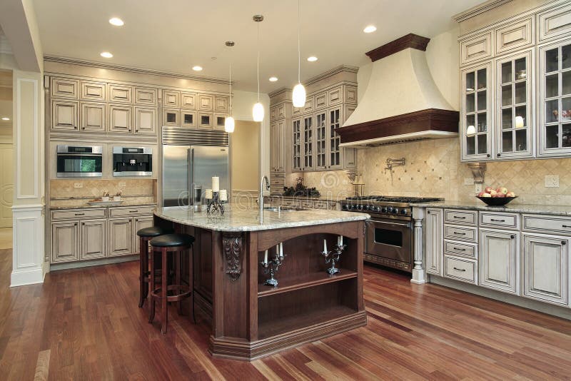 Kitchen with Rectangular Island Stock Image - Image of fixtures ...