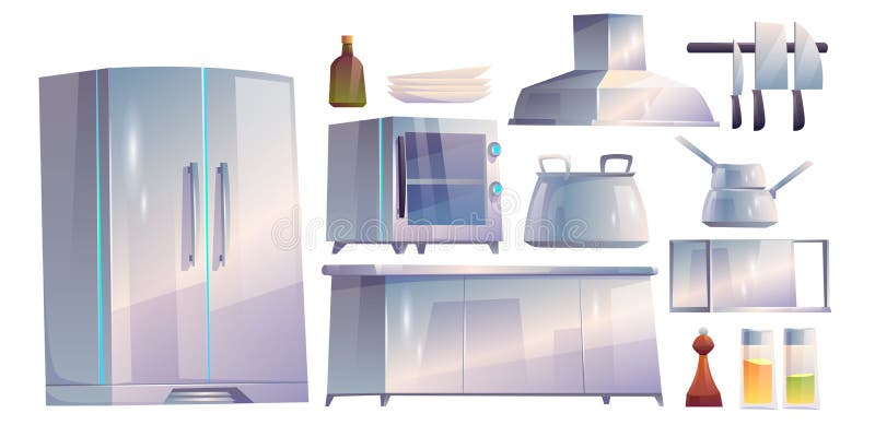 Kitchen restaurant appliances and furniture set.