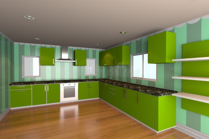 Kitchen Room with Green Wallpaper Stock Illustration Illustration of