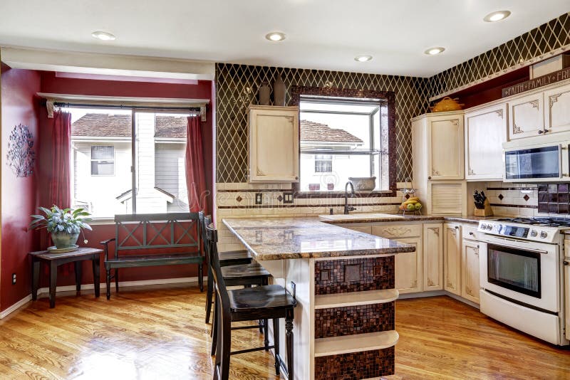 Kitchen room interior in contrast white and red colors