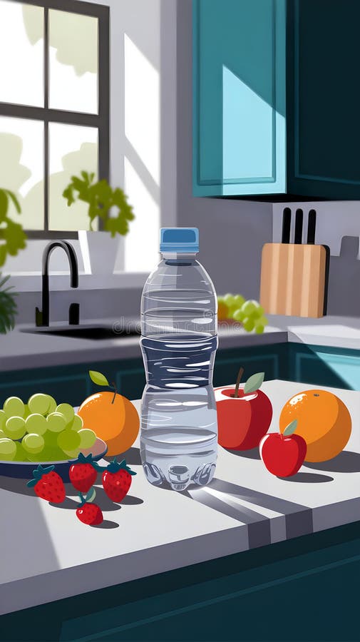 Kitchen scene with water bottle and fresh fruits illuminated by sunlight stock illustration