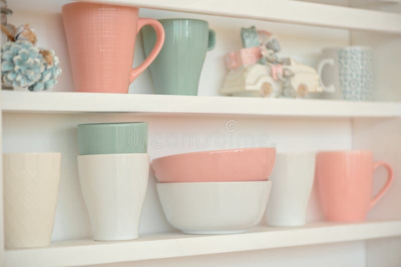 Kitchen Shelves with Dishes, Plate and Cup. Stock Image Image of
