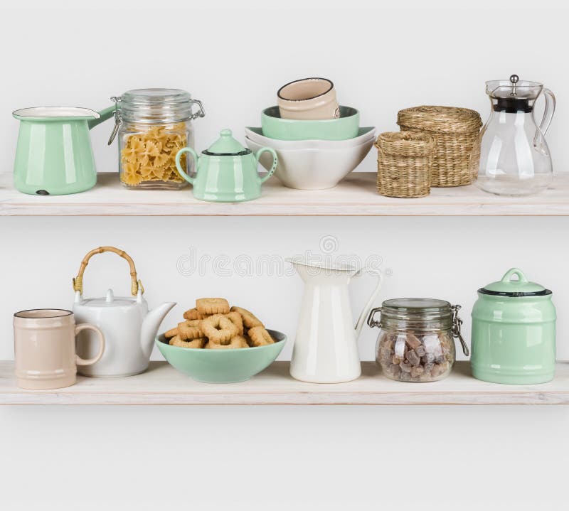 Kitchen Shelves Interior with Utensils and Food Ingredients on White