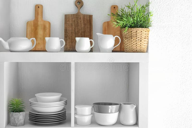 Kitchen Shelving With Dishes On White Background Stock Image Image of