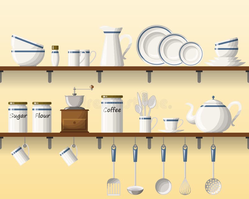 Kitchen shelving with tableware, seamless