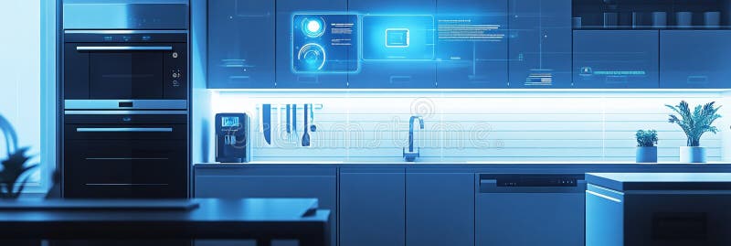 This kitchen showcases innovative smart appliances against a stylish backdrop, complete with soft blue lighting for a stock images