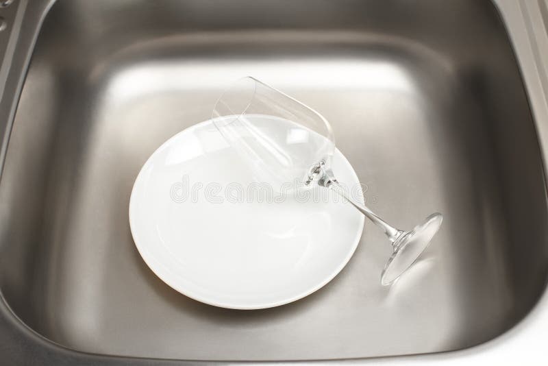 Kitchen Sink with Clean White Plate and Wine Glass Stock Image Image