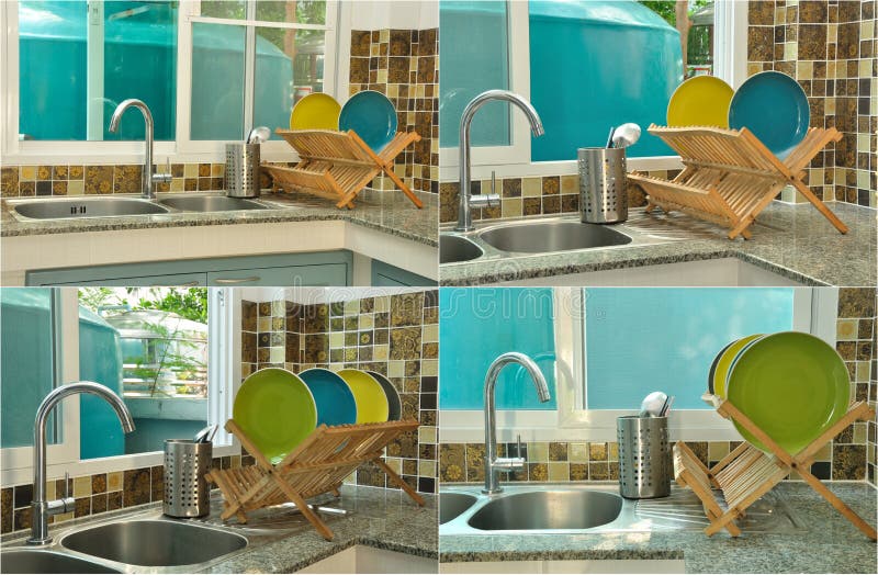 Kitchen Sink with Wooden Plate Rack Stock Image Image of housework